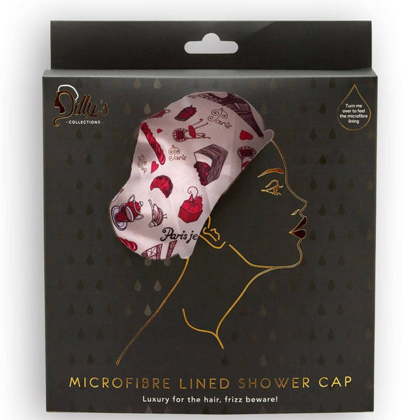 Je T'aime Print Shower Cap - Microfibre lined - Dilly's Collections - Hair Beauty and Lifestyle Products Australia